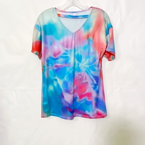 Cute Casual Soft Tie-dye V-neck Short Sleeve Tee Blue Red - Picture 2 of 6
